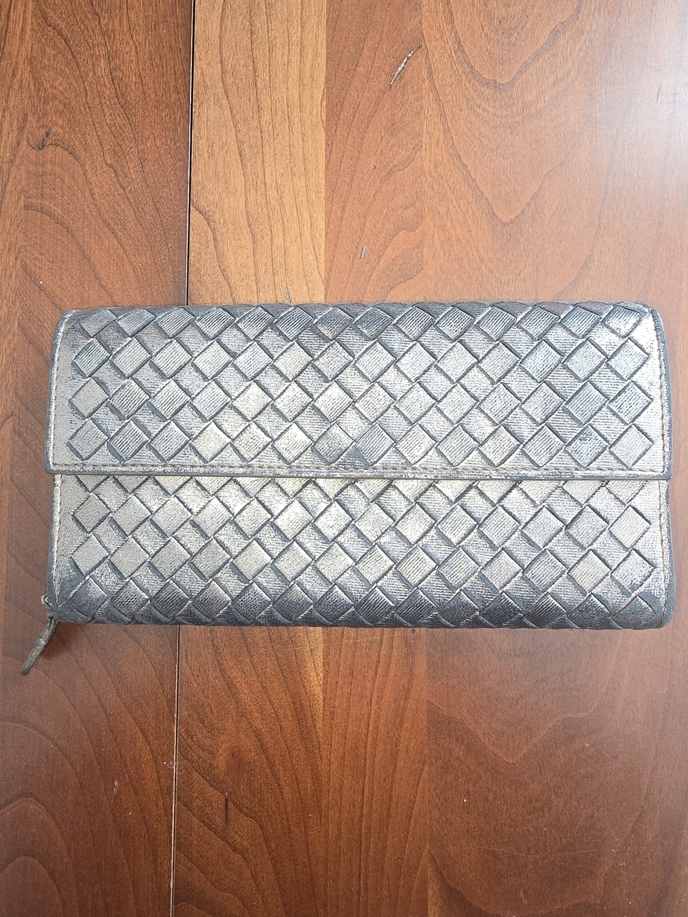 Genuine Bottega Veneta Metallic Pewter Intrecciato Flap Continental Wallet, EUC